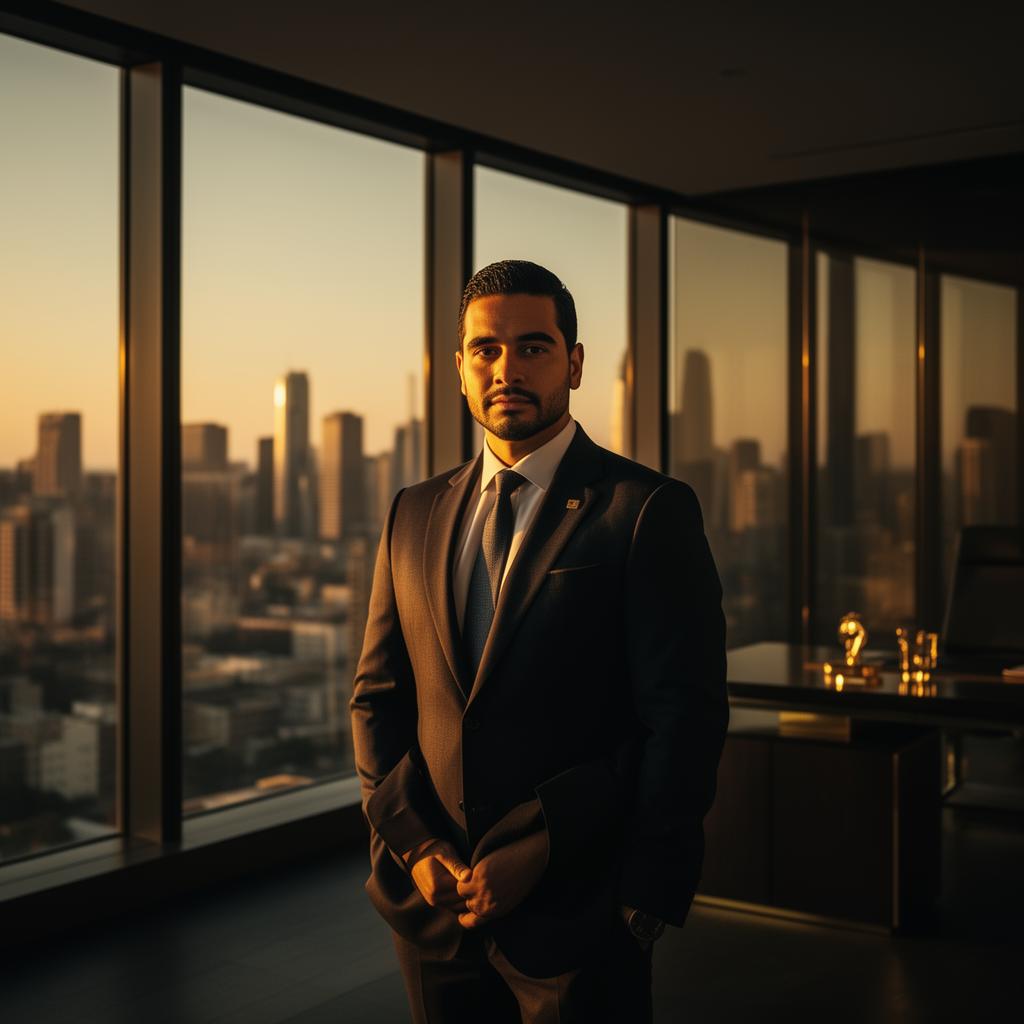 Loan officer ejecutivo en oficina premium al atardecer